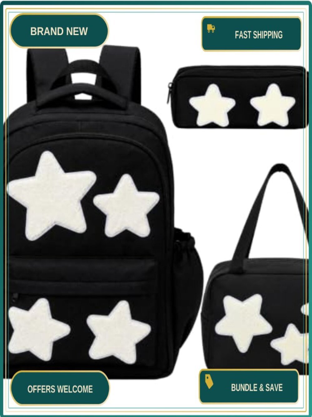 Y2K Star Backpack Set with Lunch Bag Pencil Case, Water-Resistant Nylon, Kawaii